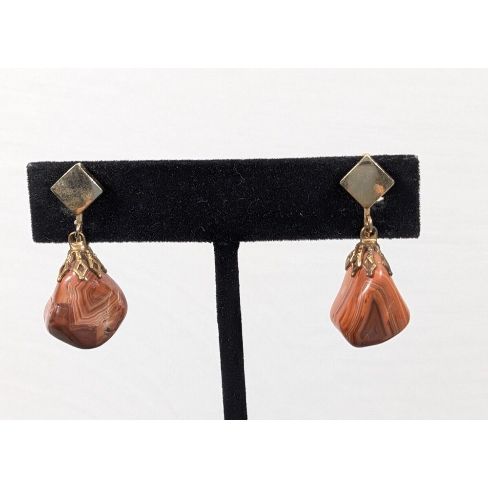 Vintage Brown‎ Red Striped Jasper Stone Polished Gold Tone Clip On Drop Earrings